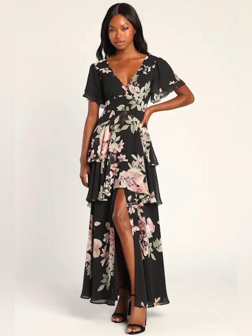 Lulu's Black Maxi Dress with Pink & Green Floral Print